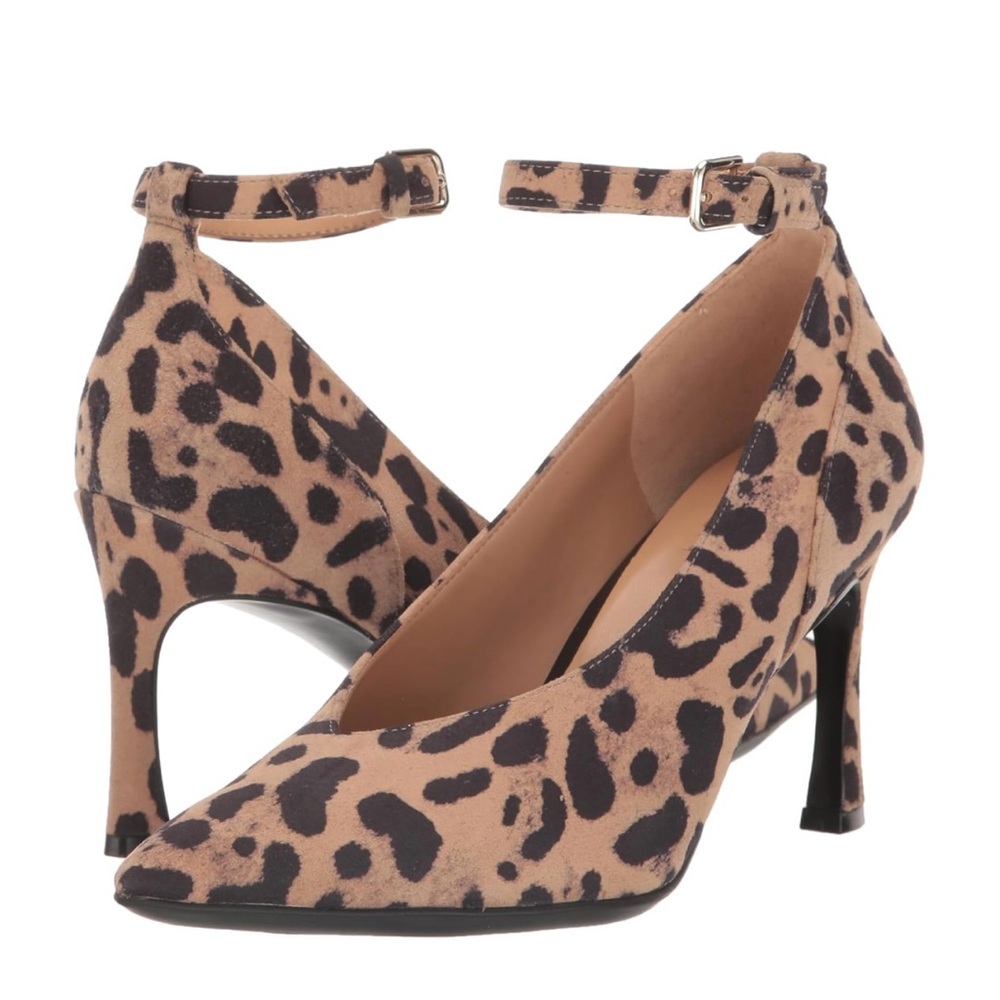Naturalizer Ace Ankle Strap Pointed Toe Pump Tan Animal Print Suede 6.5 New